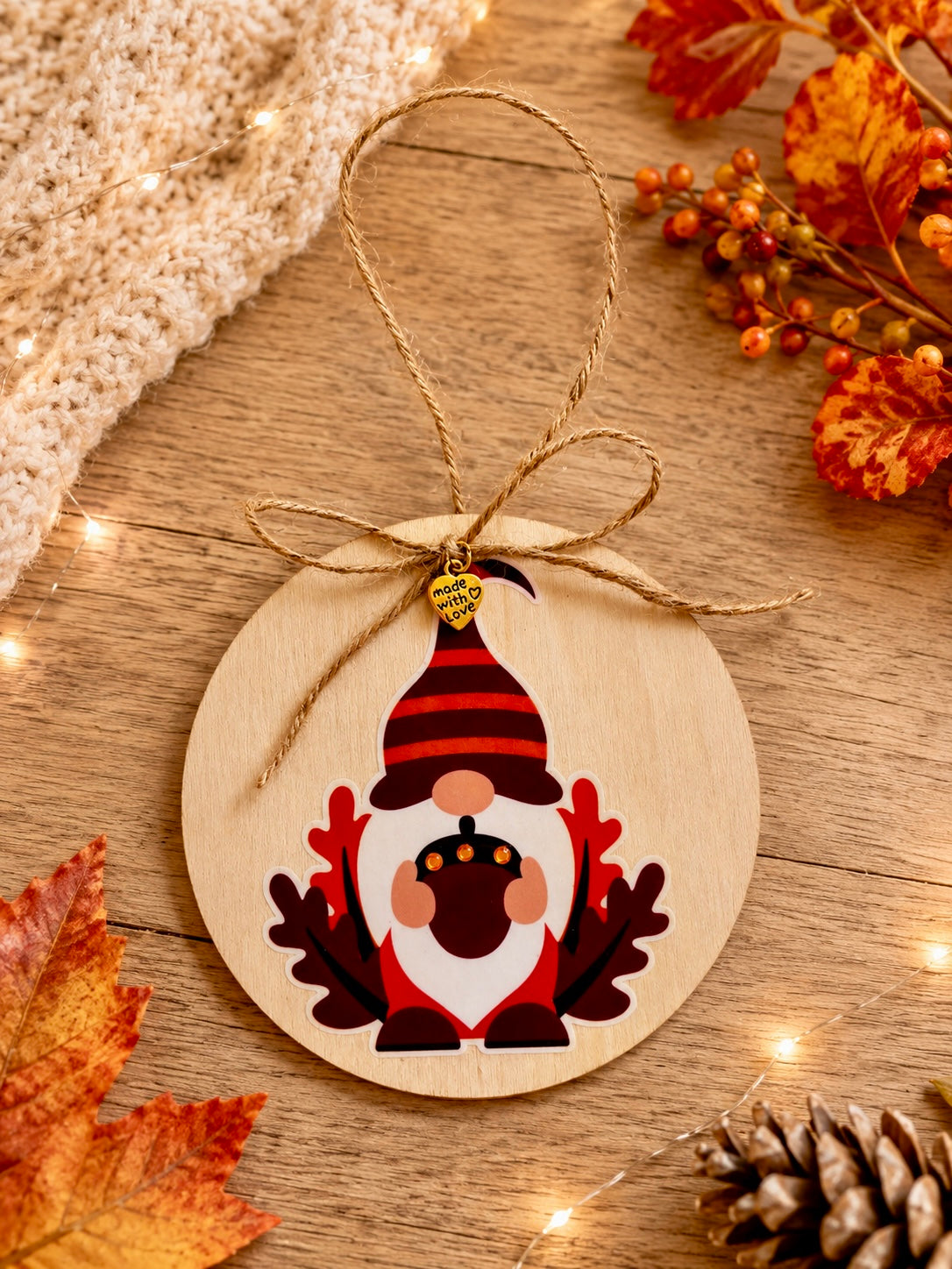 A round wooden hanging ornament featuring a festive gnome design with a red striped hat, white beard, and acorn motif, suspended by a twine loop on a rustic wood surface with autumn leaves and string lights.