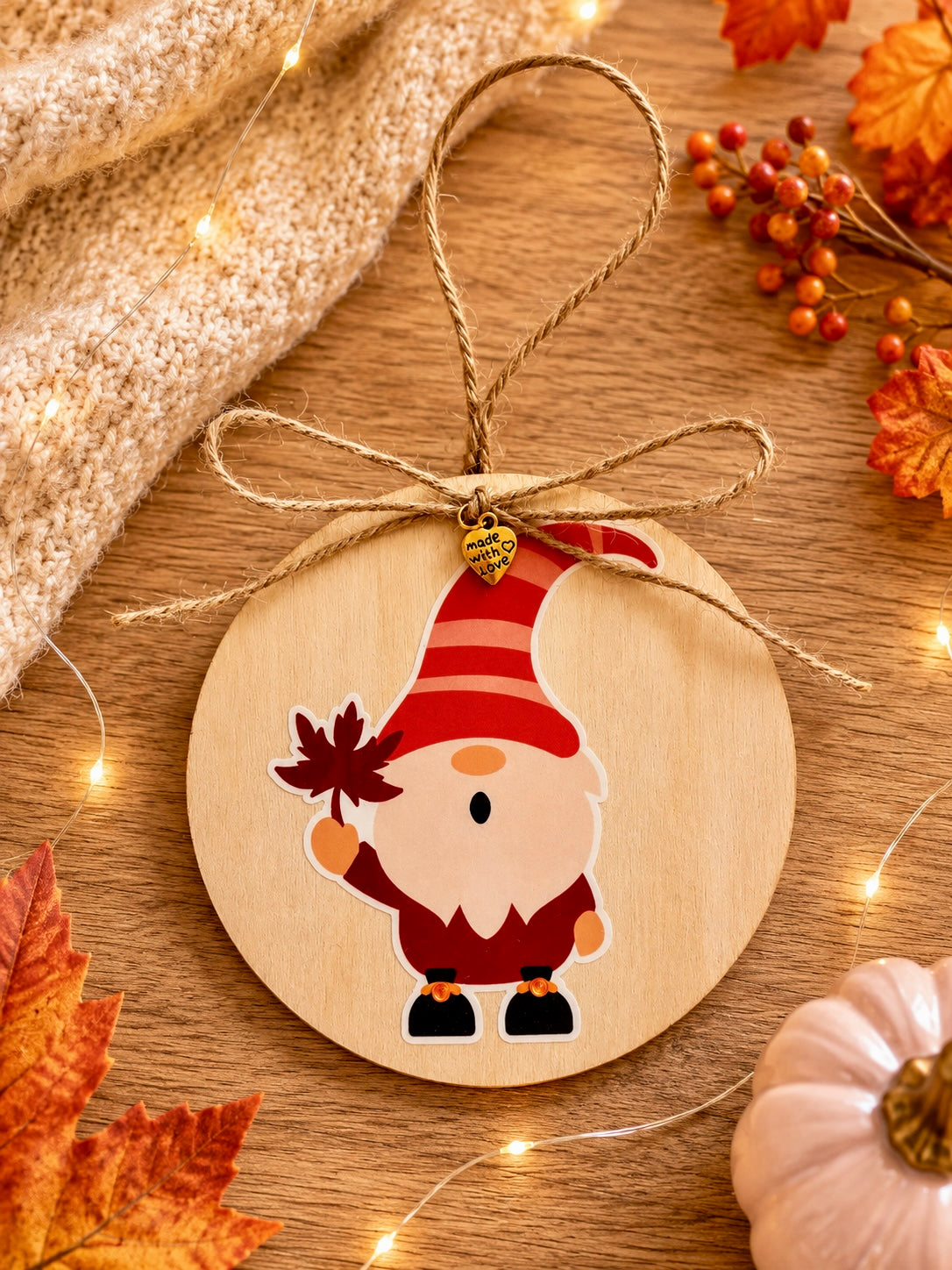 A round wooden hanging ornament featuring a cute cartoon gnome in red and orange striped clothing holding a leaf, tied with twine on a rustic autumn-themed background with leaves, berries, string lights, and a knit blanket.