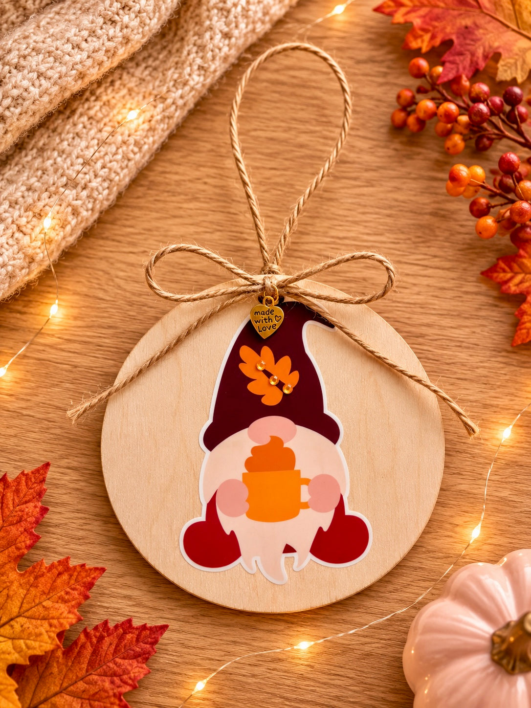 A round wooden hanging ornament featuring a gnome illustration with a dark red hat, orange beard, and holding an orange mug, tied with a twine bow on a wood surface with fall leaves, berries, string lights, and a knit fabric in the background.