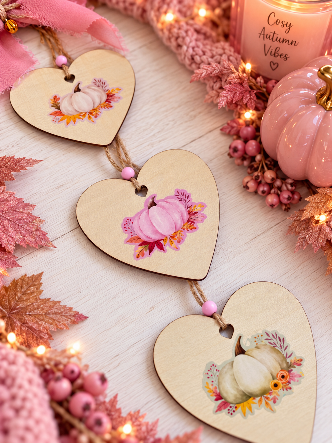 Three heart-shaped wooden hanging ornaments with pumpkins and autumn flowers, arranged on a light wood surface with pink fall decor, string lights, and a candle in the background.