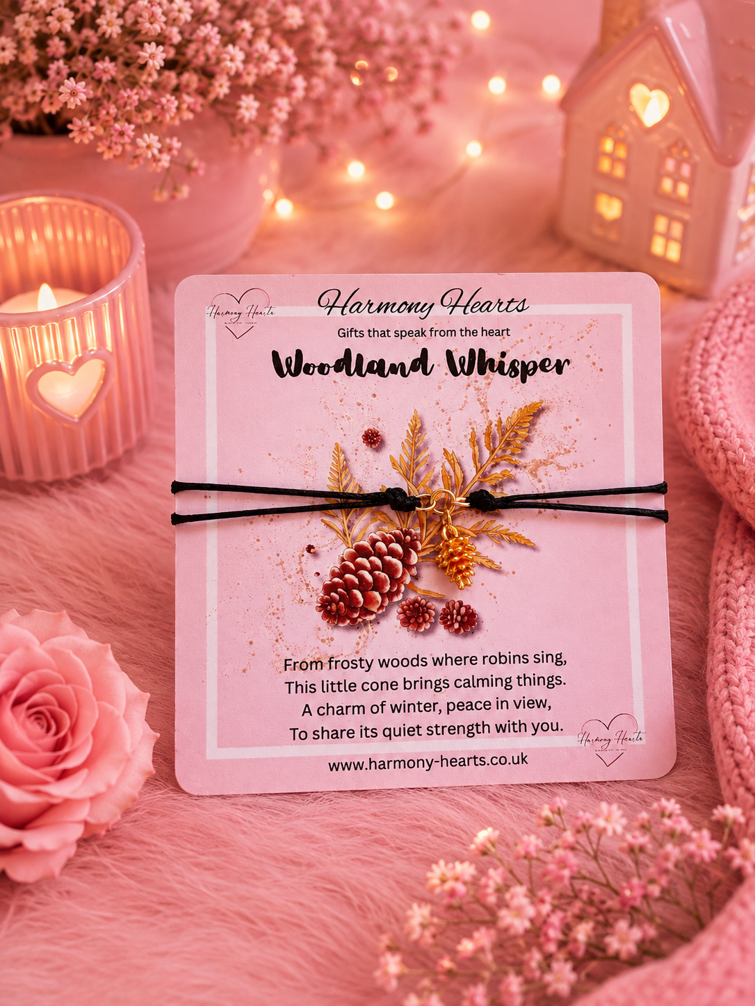 Branded Harmony Hearts card with a black cord bracelet and a gold tone pine cone set on a pink background