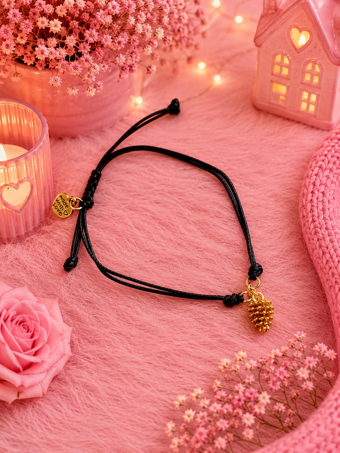 Black cord bracelet with a gold tone pine cone charm laid on a soft pink setting