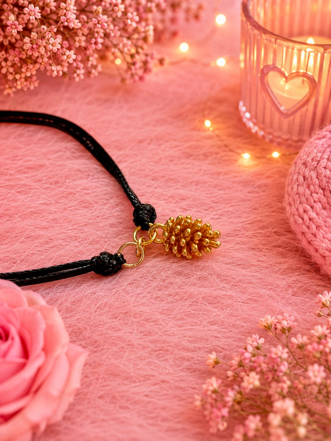 Gold tone pine cone charm on a black bracelet cord laid on a soft pink background