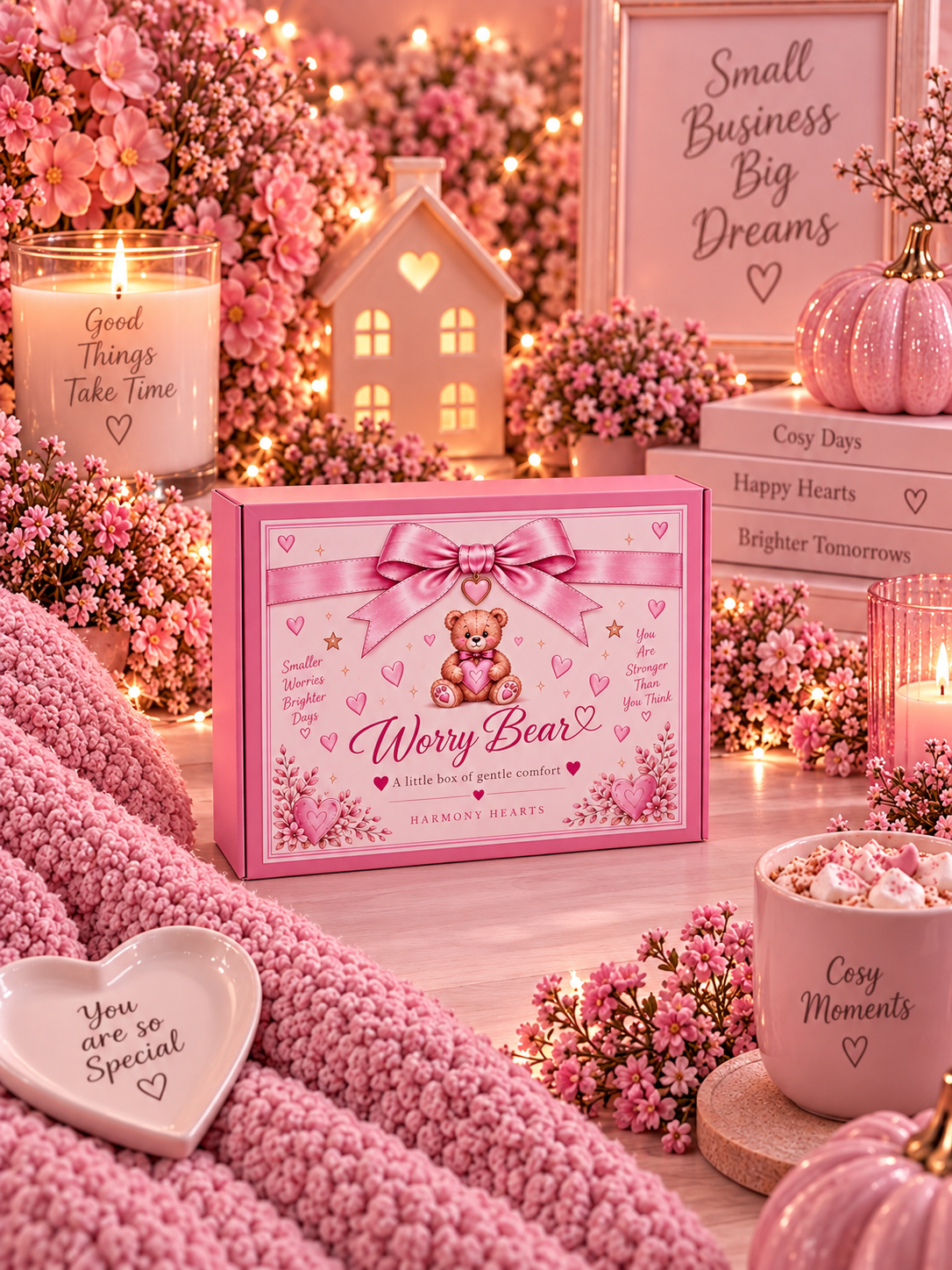 A pink 'Worry Bear' comfort box by Harmony Hearts is displayed in a cozy, romantic setting with pink knit blankets, candles, flowers, and warm fairy lights.