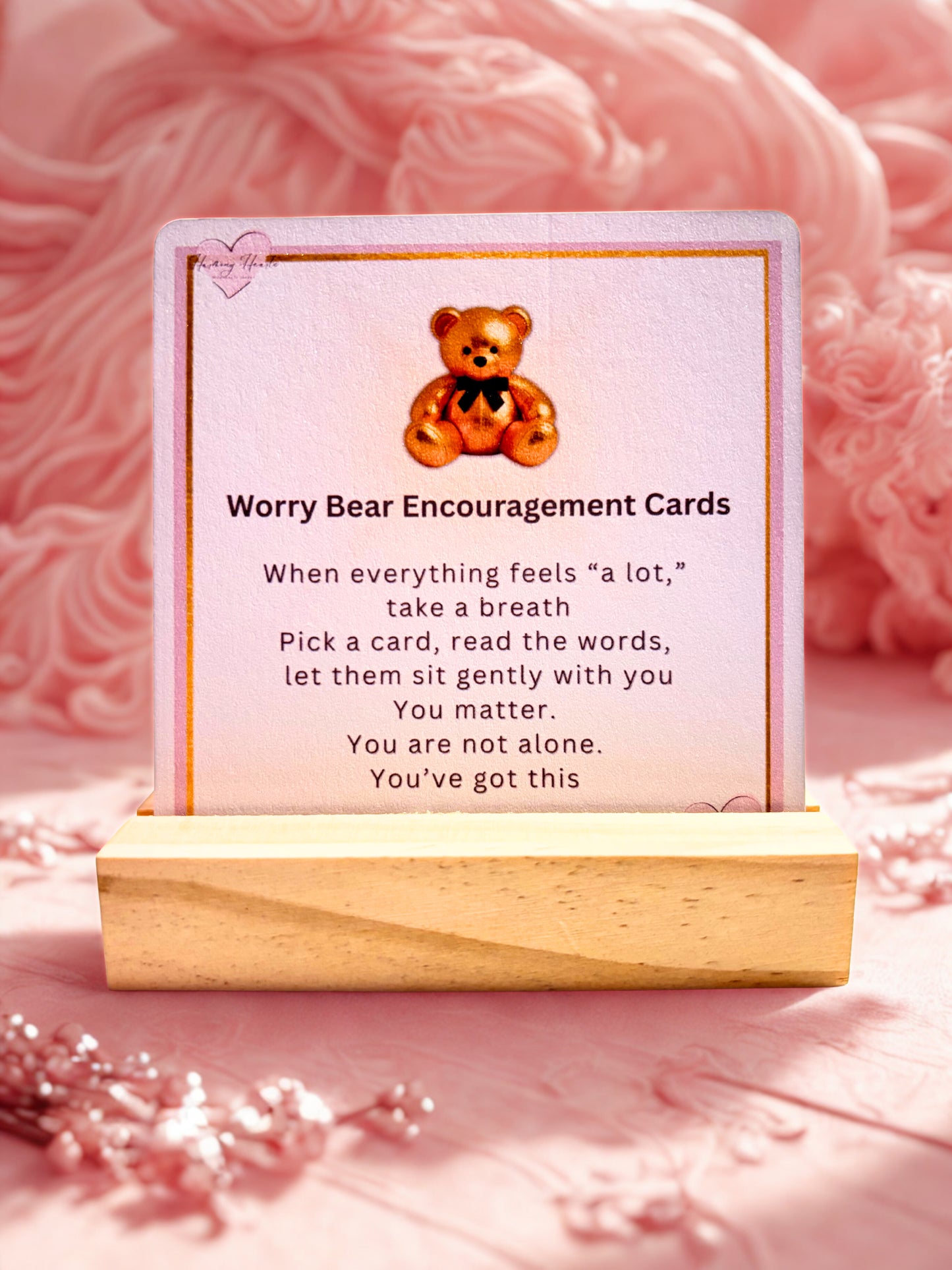 Worry Bear Encouragement Cards with a teddy bear illustration on a pink background