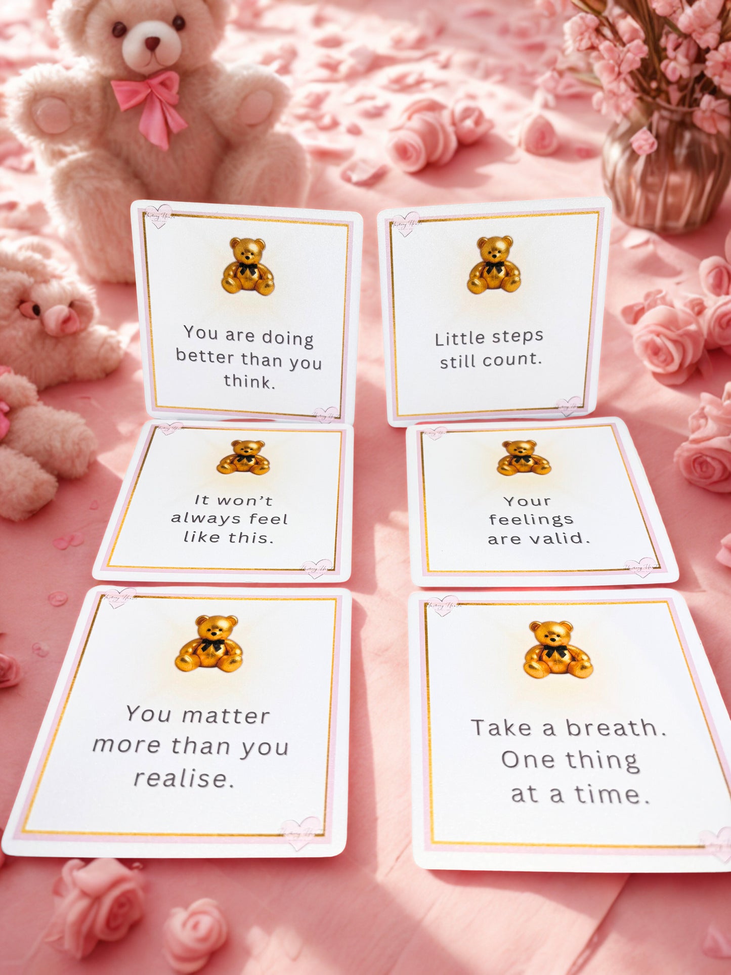 Motivational cards with teddy bear illustrations on a pink background with teddy bears and flowers.