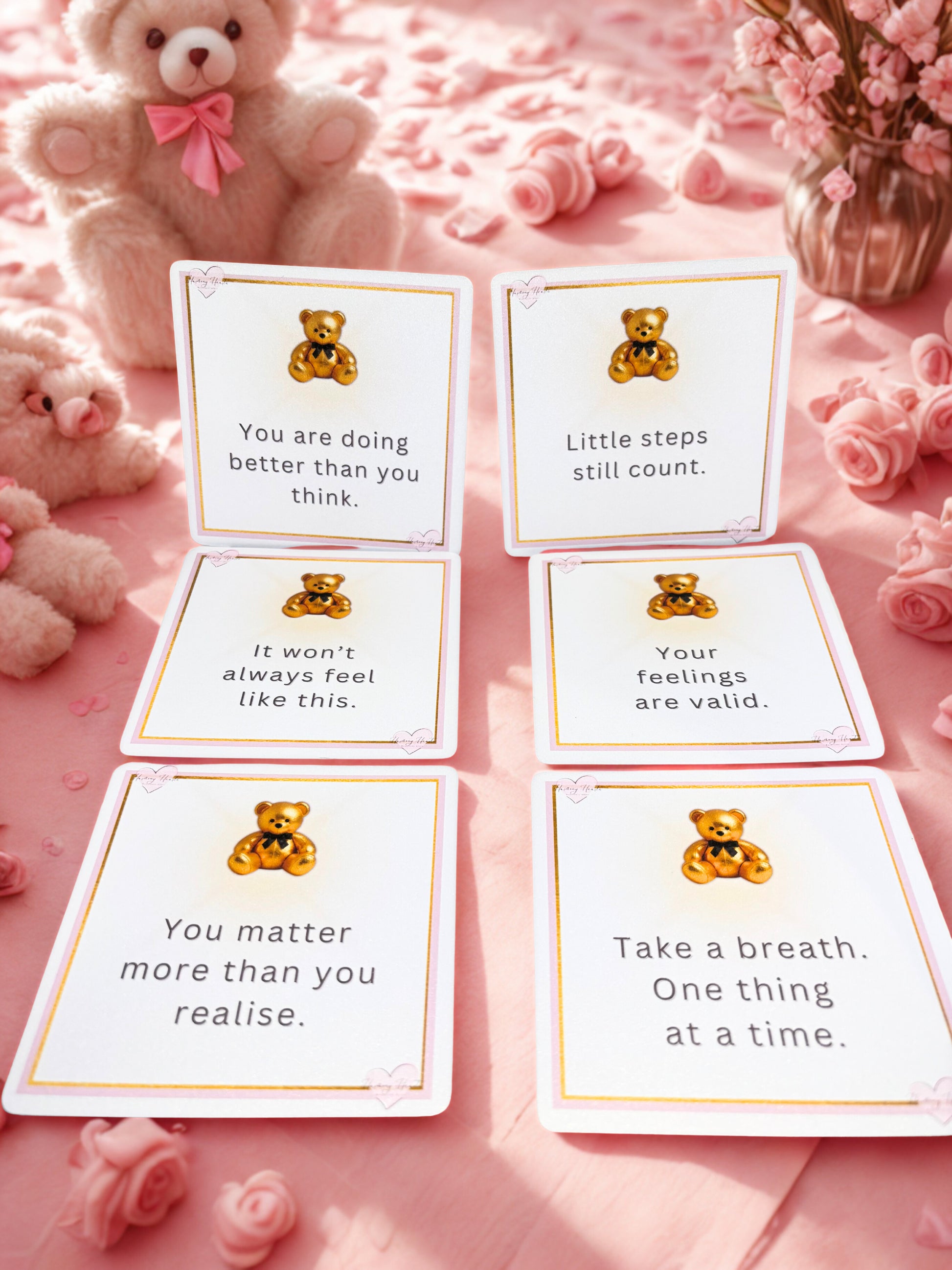 Motivational cards with teddy bear illustrations on a pink background with teddy bears and flowers.