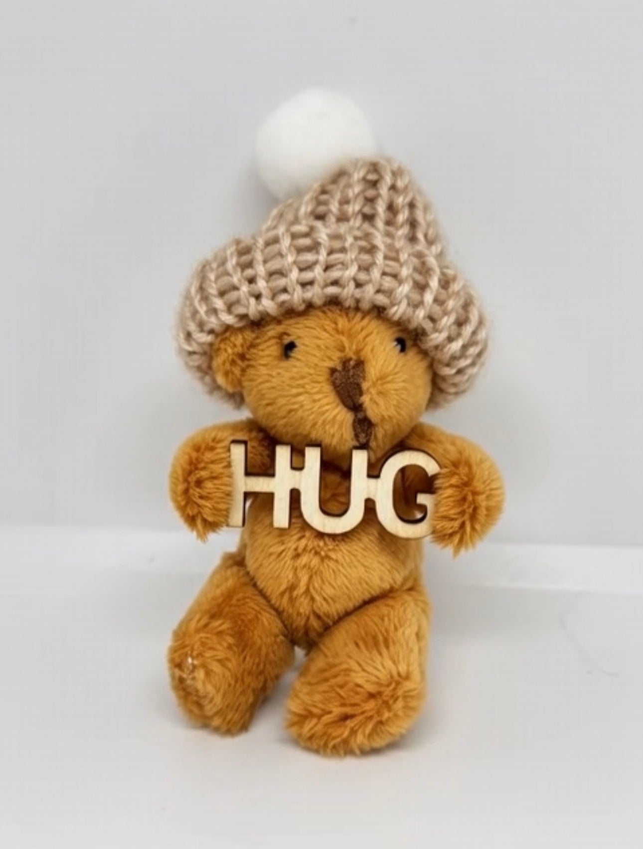 Teddy bear wearing a knitted hat holding wooden letters spelling 'HUG' on a white background
