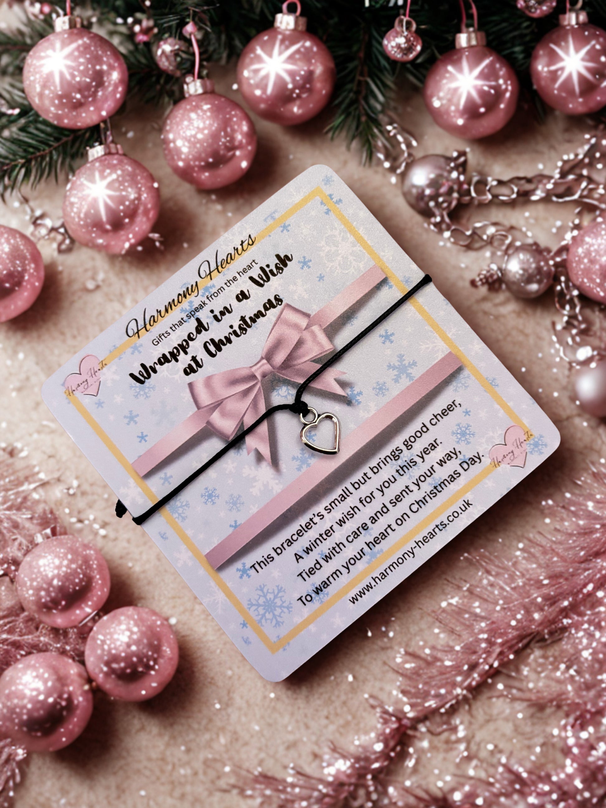 Heart bracelet on a festive poem card by Harmony Hearts