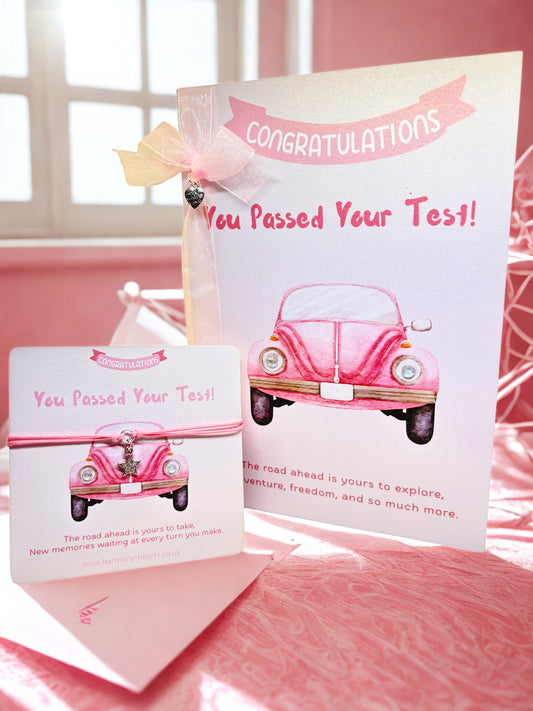 Congratulations you passed your test card and bracelet set with star charm bracelet and pink car illustration