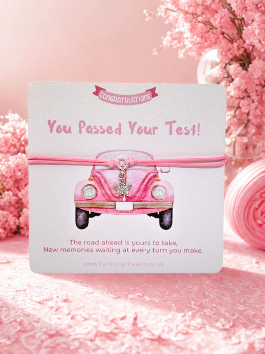 You passed your driving test branded card by Harmony Hearts and pink cord bracelet with star charm