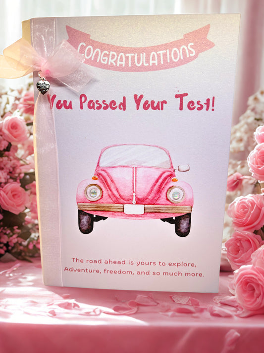 You Passed Your Test Congratulations card with pink vintage car illustration
