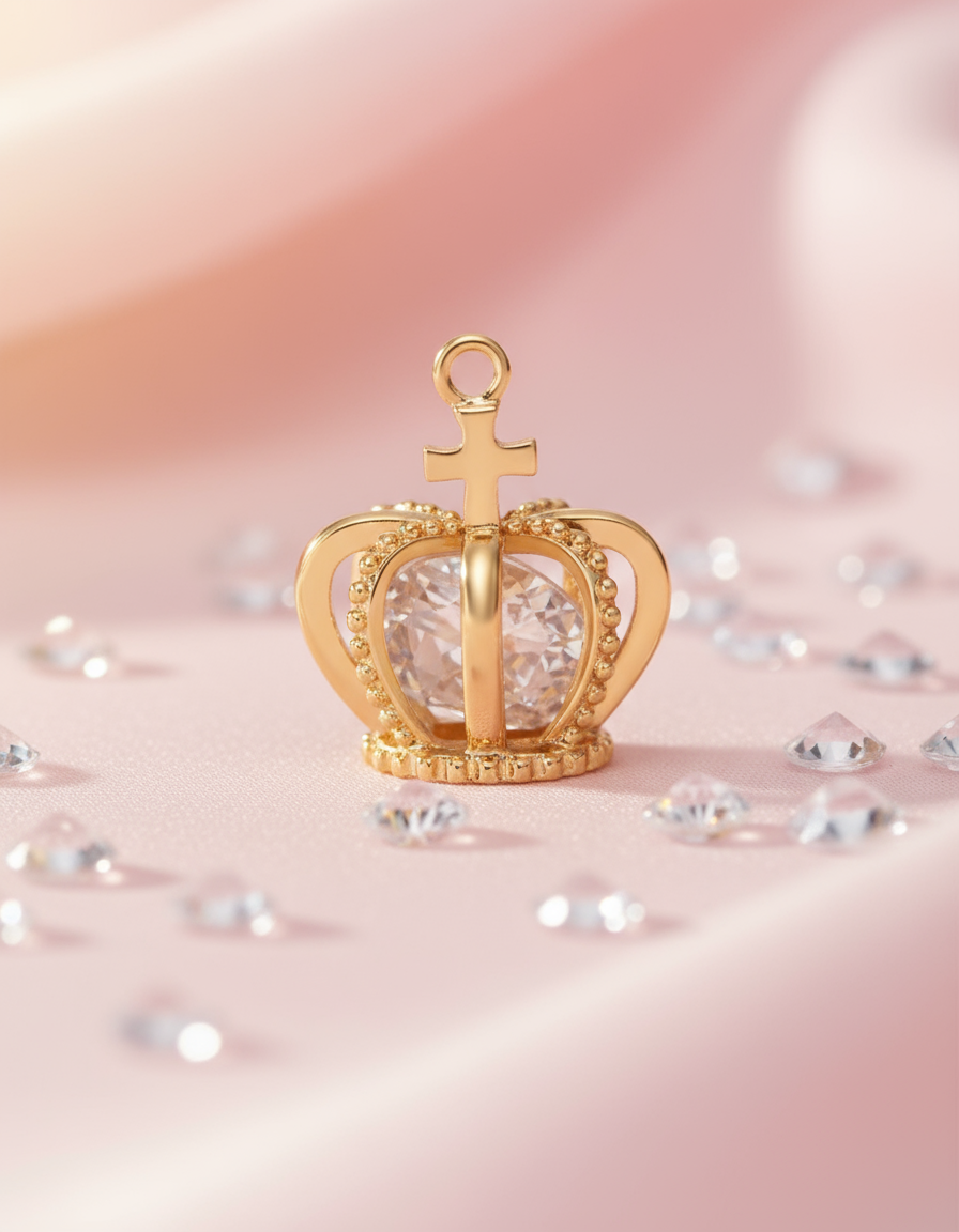 Gold crown-shaped pendant on a pink background with small decorative elements