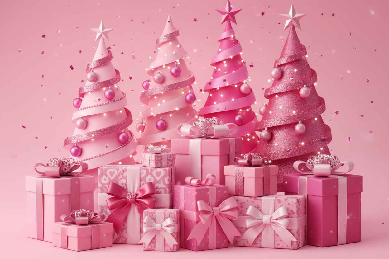 Pink background with pink whimsical christmas trees and pink christmas presents with bows