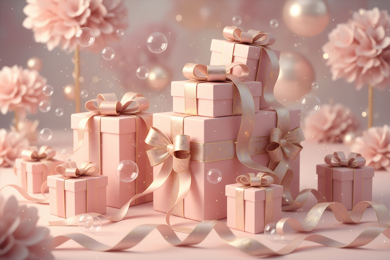 Whimsical pink scene with pastel pink and gold boxes with ribbons