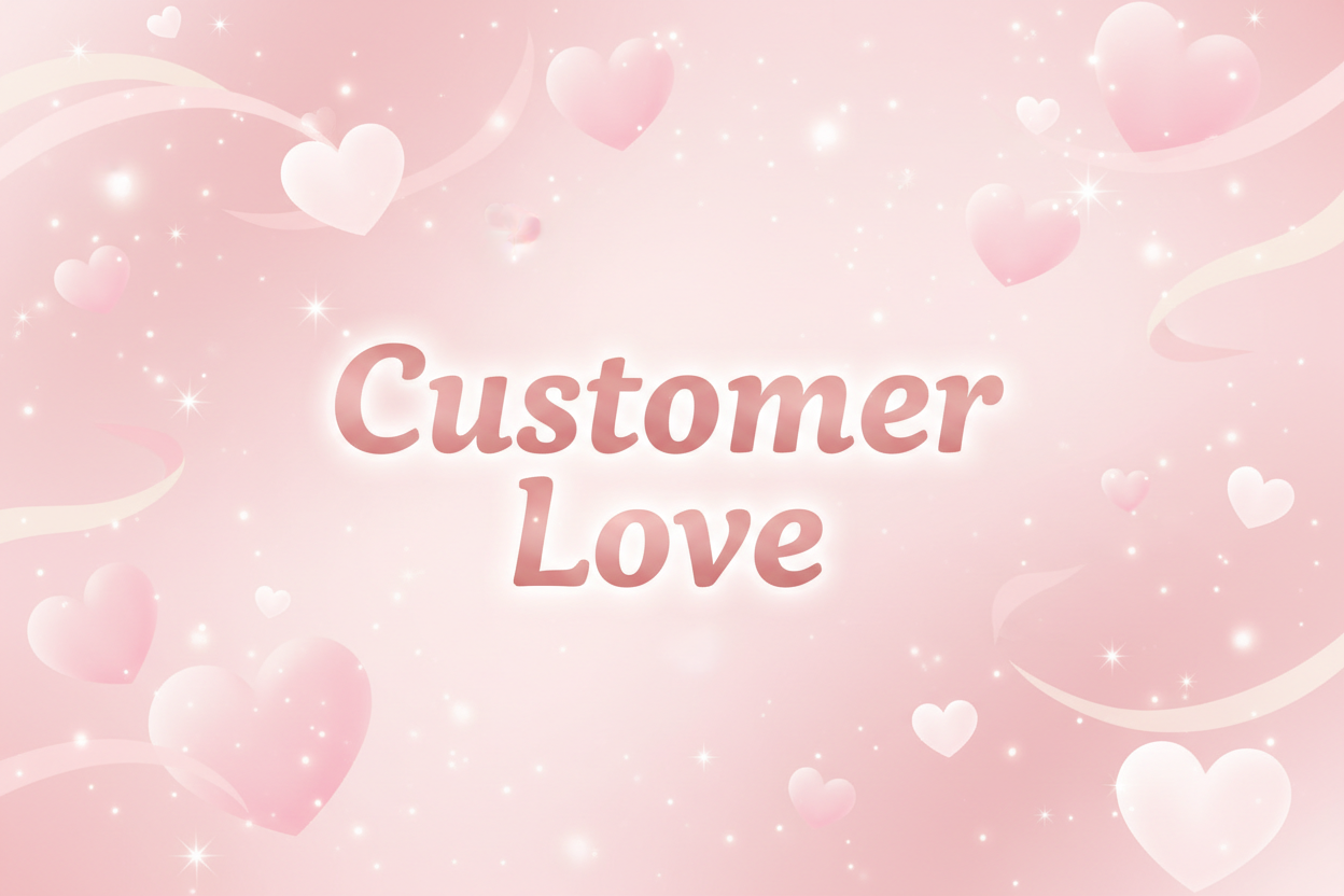 whimsical pink with the words Customer Love